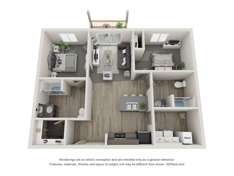 Floor plan for 2 beds, 2 baths, 937 sqft